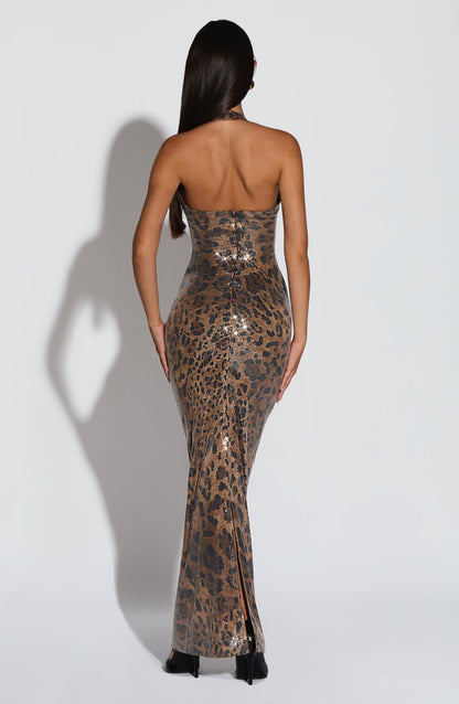 Morena Maxi Elbise - Payetli Leopar Deseni